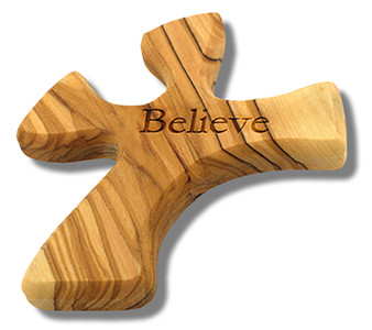 Olive Wood Prayer Cross - Fits Perfectly into Hand (Believe)