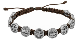 Adjustable Cord Bracelet with Medals (Saint Benedict Silver - Brown)