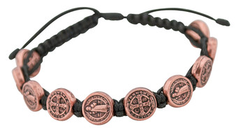 Adjustable Cord Bracelet with Medals (Saint Benedict Copper - Black)