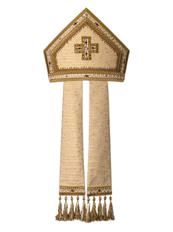 Handcrafted Mitre in Fine Wool with Gold Lurex and Gemstone Cross – Liturgical Headpiece with Silver and Bronze Embellishments for Bishops and Clergy