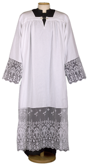Pure Linen Alb with Embroidered Rochet and Silver Hook – Elegant Liturgical Garment for Solemn Catholic Celebrations
