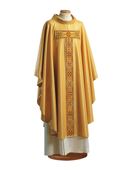 Gold Lurex Wool Chasuble – Lightweight Liturgical Vestment with Ring Collar and Beaded Chevron Tao Design