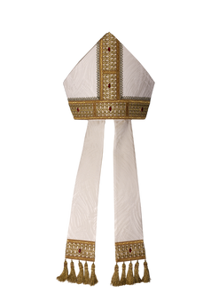 Viscose Acetate Mitre with Red Swarovski Stones – Exclusive Gamma Design with Gold Edges and Hand-Applied Details
