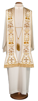 Precious Roman Stole in Polyester Satin – Embroidered with Metallic Threads and Bullion Fringe for Liturgical Use
