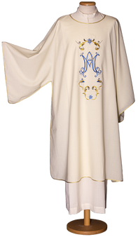 Marian Dalmatic in 100% Polyester with Embroidered Ave Maria Symbol and Gold Soutache Trim – Elegant Liturgical Vestment
