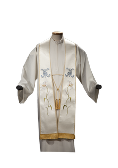 Marian Stole in Fine Polyester Satin with Metallic Embroidery, Fringe, and Rebour Bow – Elegant Liturgical Vestment
