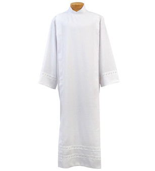 Tropical Weight Poly/Wool Blend Alb with 1.5" White Embroidered Braid – Washable Clergy Alb with Button or Velcro Closure in Standard & Ample Cut - X-Small
