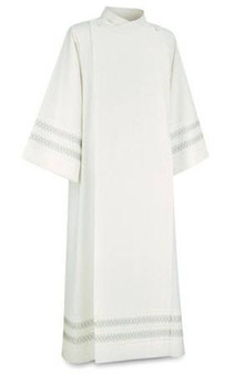 Front Wrap Alb in Beige Greco Fabric with Linear Grey Embroidery by Slabbinck – Washable Liturgical Vestment with Stitched Pleats 