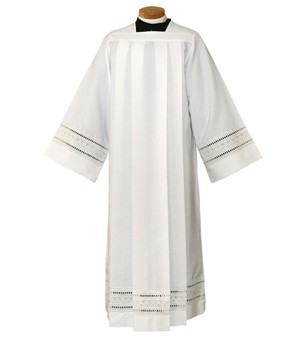 White Embroidered Eyelet Alb with Square Neck – 100% Polyester Liturgical Garment -X-Large