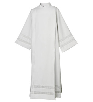 Front Wrap Alb in Pearl White Linen-Look Poly/Rayon Blend – Covered Shoulder Button Closure, Lightweight and Washable Vestment -Medium