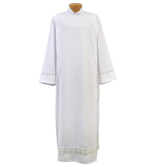 Tropical Weight Poly/Wool Clergy Alb with Latin Cross Lace – Washable Liturgical Alb with Button or Velcro Closures -X-Small
