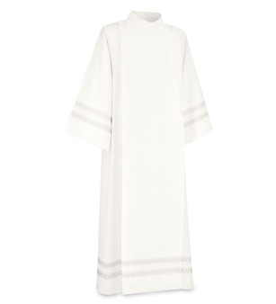 Front Wrap Alb in Beige Greco Fabric with Linear White Embroidery by Slabbinck – Washable Liturgical Vestment with Stitched Pleats and Embellished Hem - X-Small