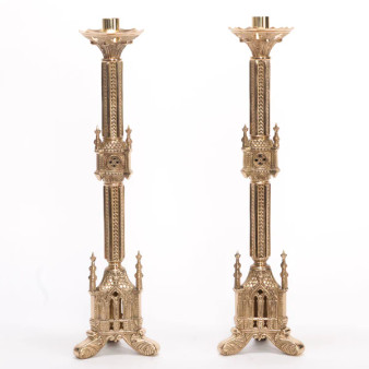 Traditional French Gothic Altar Candlestick – Brass Church Candle Holder | Polished & Lacquered | Matches H-118 Altar Cross Traditional French Gothic Altar Candlestick – Brass Church Candle Holder | Polished & Lacquered | Matches H-118 Altar Cross