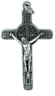 Saint Benedict Cross Pendant with Cord for Neck Wear (Silver-Tone)