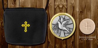 Black burse with yellow details. Gold and silver Pyx featuring the Holy Spirit.