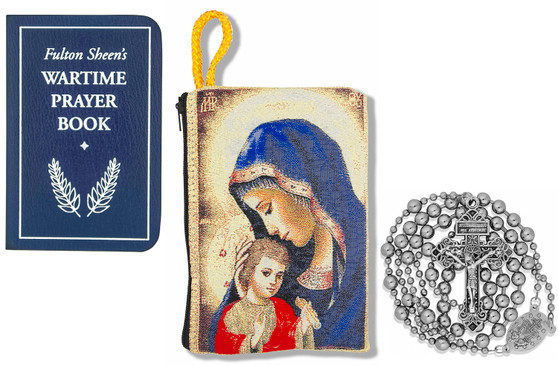 Military Rosary with Prayer Book and Tapestry Pouch (Chrome, Madonna and Child 1)