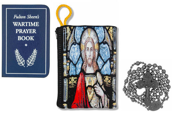 Military Rosary with Prayer Book and Tapestry Pouch (Gunmetal, Sacred Heart)