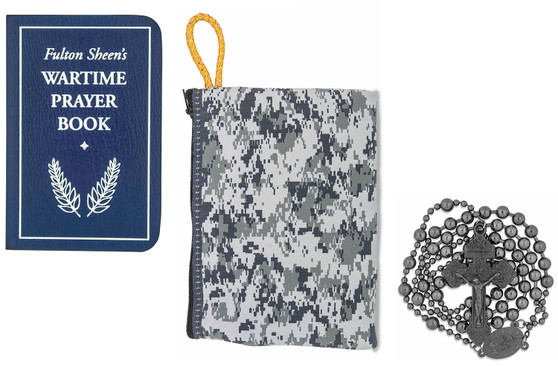 Military Rosary with Prayer Book and Tapestry Pouch (Gunmetal, Arctic Camo)