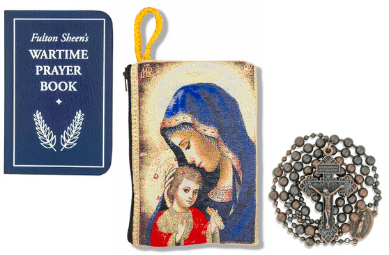 Military Rosary with Prayer Book and Tapestry Pouch (Antique Copper, Madonna and Child 1)