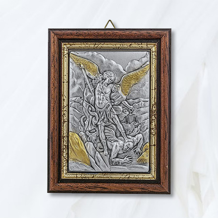5" Devotional Wall Plaque with Wood Frame and Gold Highlights (St Michael)