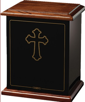 Eternal Grace Memorial Urn with Gloss Black Finish and Walnut Accents, Featuring Metallic Gold Cross and Border

