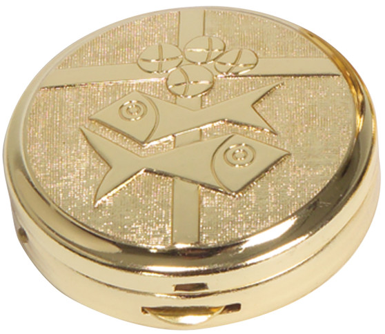 Sacred 24k Gold Plated Pyx with Bread, Fish, and Cross Design, Two-Tone Finish, 10 Host Capacity for Eucharistic Use
