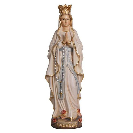 Madonna Lourdes with Crown Painted Wood Statue - 6 Inches