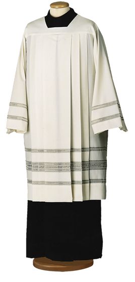 Liturgical Surplice in Wool and Polyester with Hand-Embroidered Papal Gigliuccio – Traditional Greek Key Embroidery with Square Collar