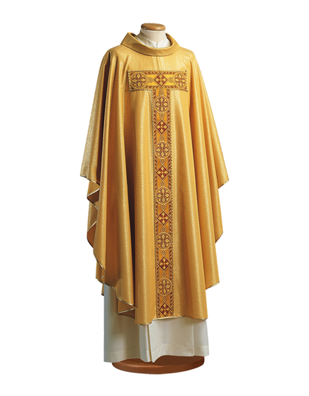 Gold Lurex Wool Chasuble – Lightweight Liturgical Vestment with Ring Collar and Beaded Chevron Tao Design