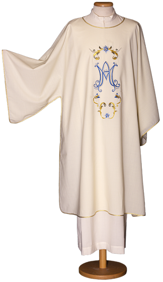 Marian Dalmatic in 100% Polyester with Embroidered Ave Maria Symbol and Gold Soutache Trim – Elegant Liturgical Vestment
