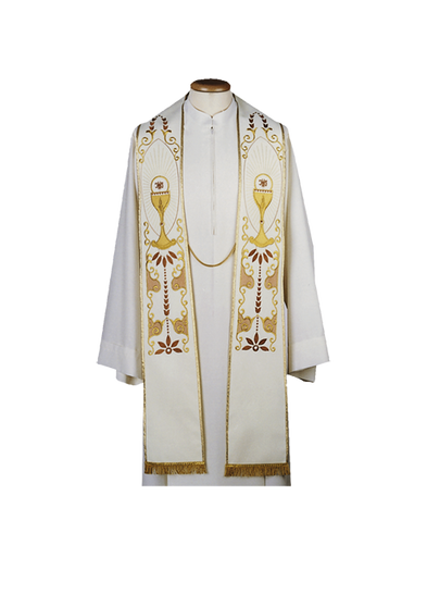 100% Polyester Clergy Stole with Machine Embroidery and Rebour Fringe – Elegant Liturgical Vestment for Simple Celebrations
