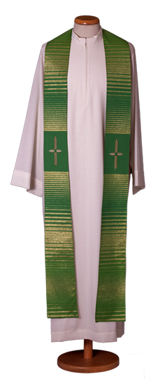 Striped Lurex Wool Stole with Machine-Embroidered Cross – Elegant Liturgical Vestment with Depth and Refinement
