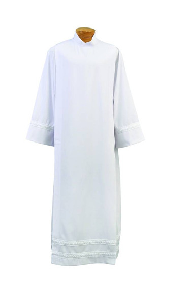 Washable Tropical Weight Clergy Alb with 1" White Embroidered Braid | Poly/Wool Blend | Standard & Ample Cut | Button or Velcro Closures - X-Small
