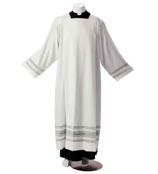 Classic Lightweight Alb with Hand-Embroidered Bands | Winter Weight Poly/Wool Blend | Traditional Clergy Vestment - X-Small
