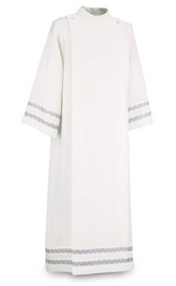 Slabbinck Front Wrap Alb in White Ravenna Fabric | Washable Grey & White Embroidered Liturgical Vestment - X-Small
