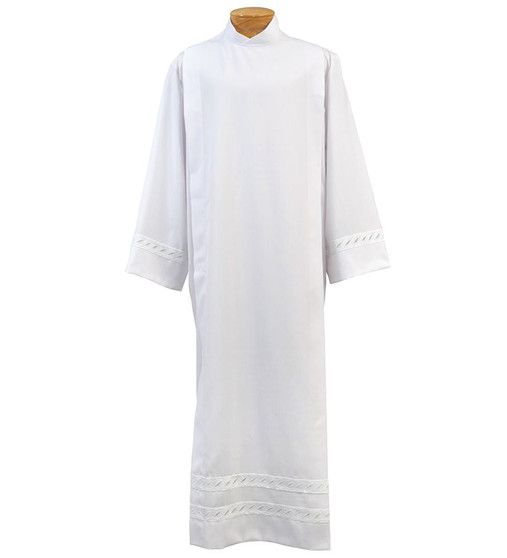 Tropical Weight Poly/Wool Blend Alb with 1.5" White Embroidered Braid – Washable Clergy Alb with Button or Velcro Closure in Standard & Ample Cut - X-Small
