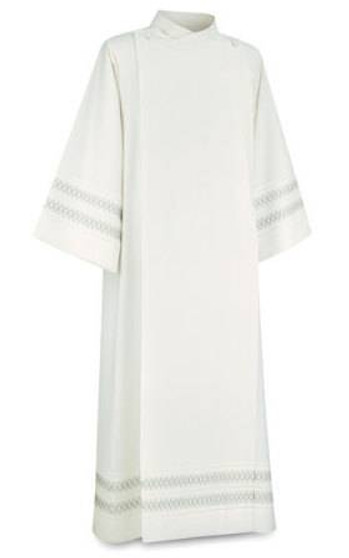 Front Wrap Alb in Beige Greco Fabric with Linear Grey Embroidery by Slabbinck – Washable Liturgical Vestment with Stitched Pleats 