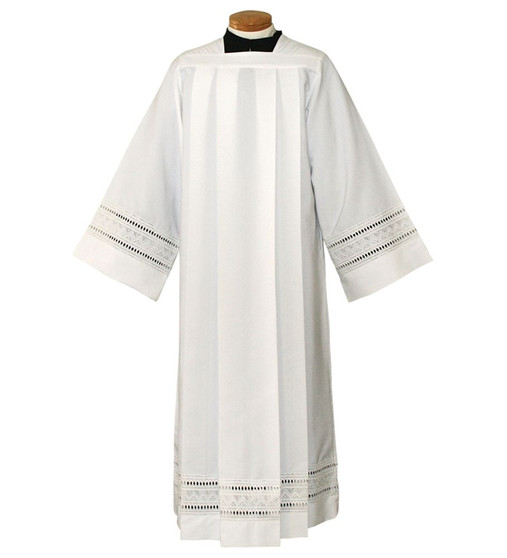 White Embroidered Eyelet Alb with Square Neck – 100% Polyester Liturgical Garment -Medium