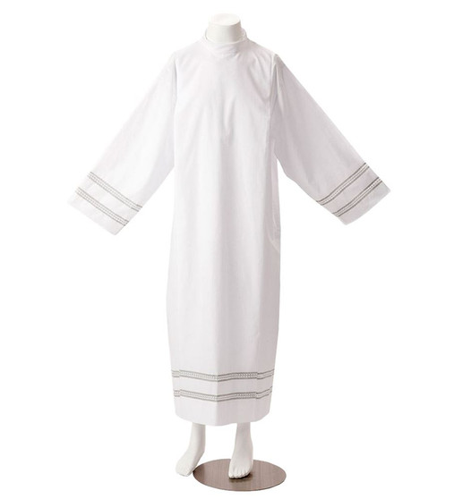 Classic Lightweight Winter Alb with Hand-Embroidered Double Bands – 67% Polyester / 33% Wool Liturgical Vestment for Clergy - Small
