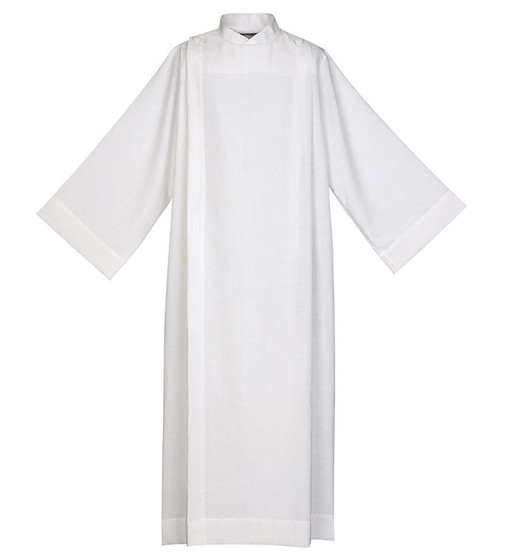 Popular Front Wrap Clergy Alb – Pearl White Linen-Look Poly/Rayon Blend with Covered Shoulder Button Closure - X-Large