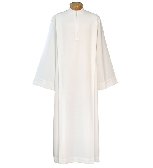 Tropical Weight Pleated Poly/Wool Clergy Alb – Washable Liturgical Alb with 12" Front Zipper, No Buttons or Velcro 