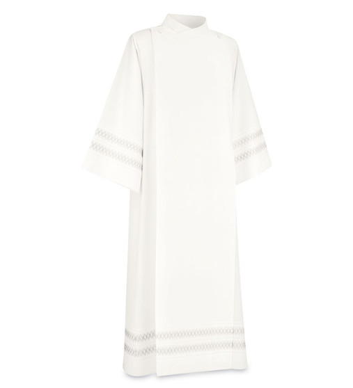 Front Wrap Alb in Beige Greco Fabric with Linear White Embroidery by Slabbinck – Washable Liturgical Vestment with Stitched Pleats and Embellished Hem - Large