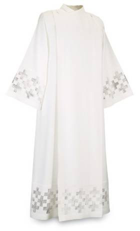 Front Wrap Alb in White Terlenka Fabric with Cross Embroidery -Medium