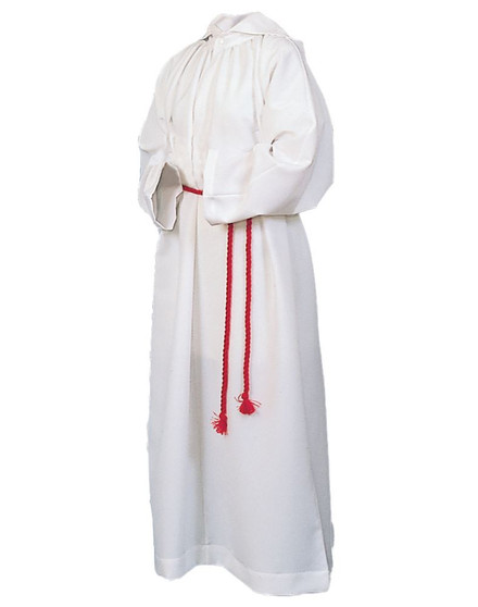 Youth Server Alb with Capuche – Lightweight White Perma Press Kodel Poly/Cotton, 23" Zipper | Altar Server Robe with Optional Cincture -Large