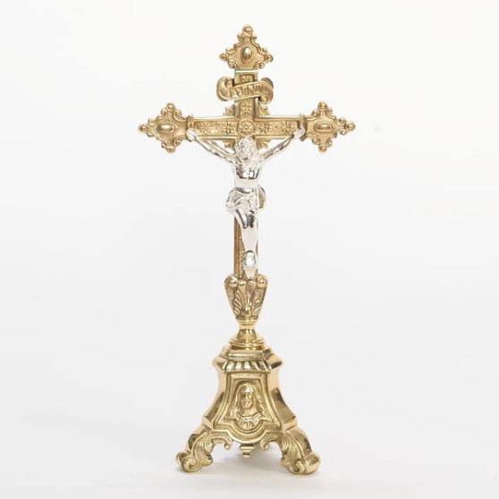 Double Sided 11 1/2" Altar Cross | Traditional Solid Brass Cross with Double Silver Plated Corpus and INRI