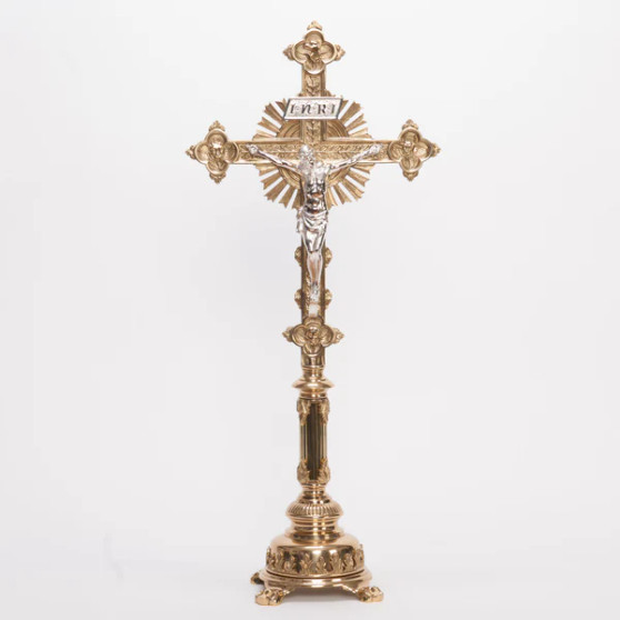 Fluted Stem Altar Cross | Traditional Brass Altar Crucifix with Silver Plated Corpus and INRI
