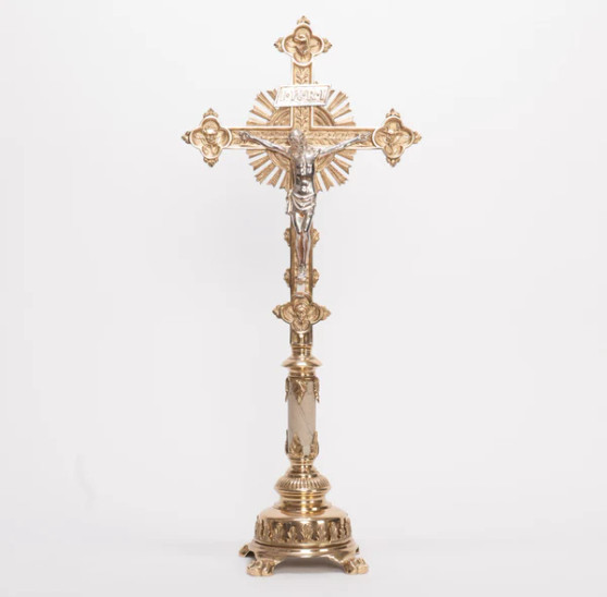 Marble Stem Altar Cross | 30" Traditional Brass Altar Crucifix with Silver Plated Corpus and INRI
