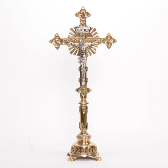 Brass Stem Altar Cross | 30" Traditional Catholic Crucifix with Silver Plated Corpus and INRI