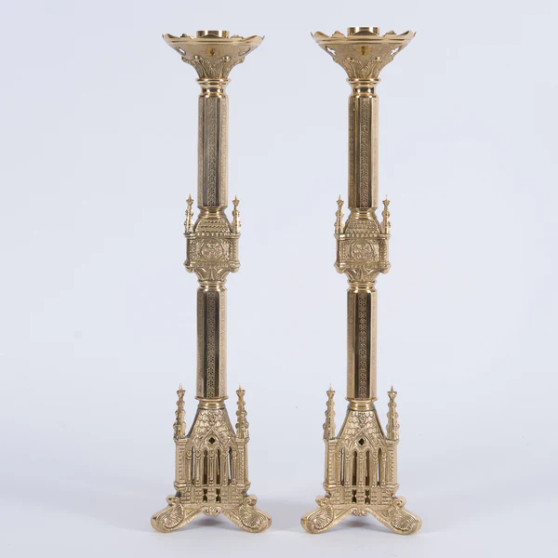 Altar Candlestick | 24" Traditional Gothic Brass Altar Candlestick with 1 1/2" Socket Altar Candlestick | 24" Traditional Gothic Brass Altar Candlestick with 1 1/2" Socket