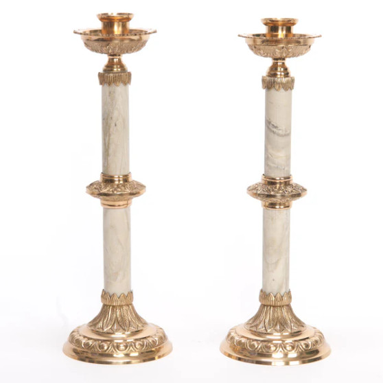 Marble & Brass Altar Candlestick – 12" Polished Brass with Marble Stems

